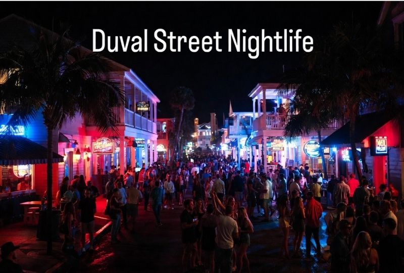 Key West Duval Street nightlife scene with tropical party atmosphere at night